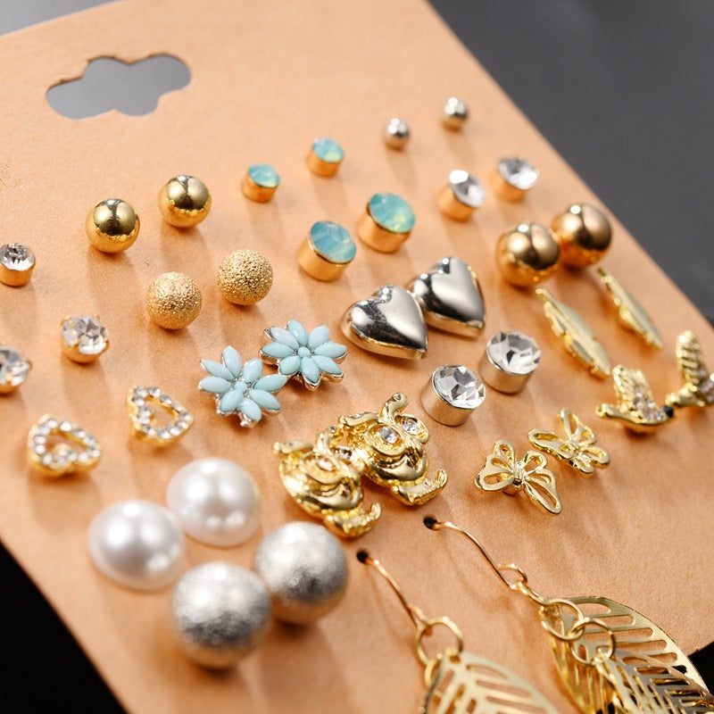 Multi-Style Earring Set – Heart, Butterfly, Leaf & Rhinestone Studs