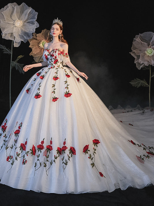 Mori Style Red Flowers Gown Wedding Dress