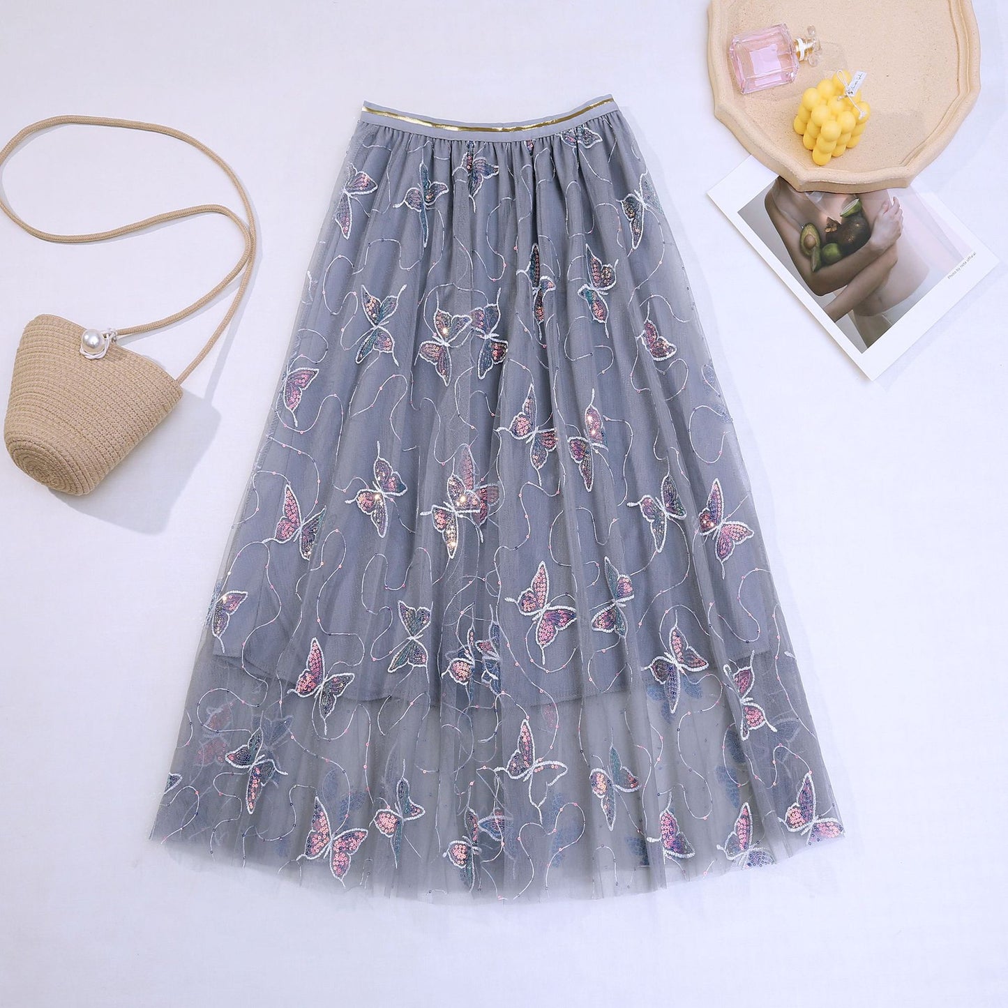 Sequin butterfly pleated skirt