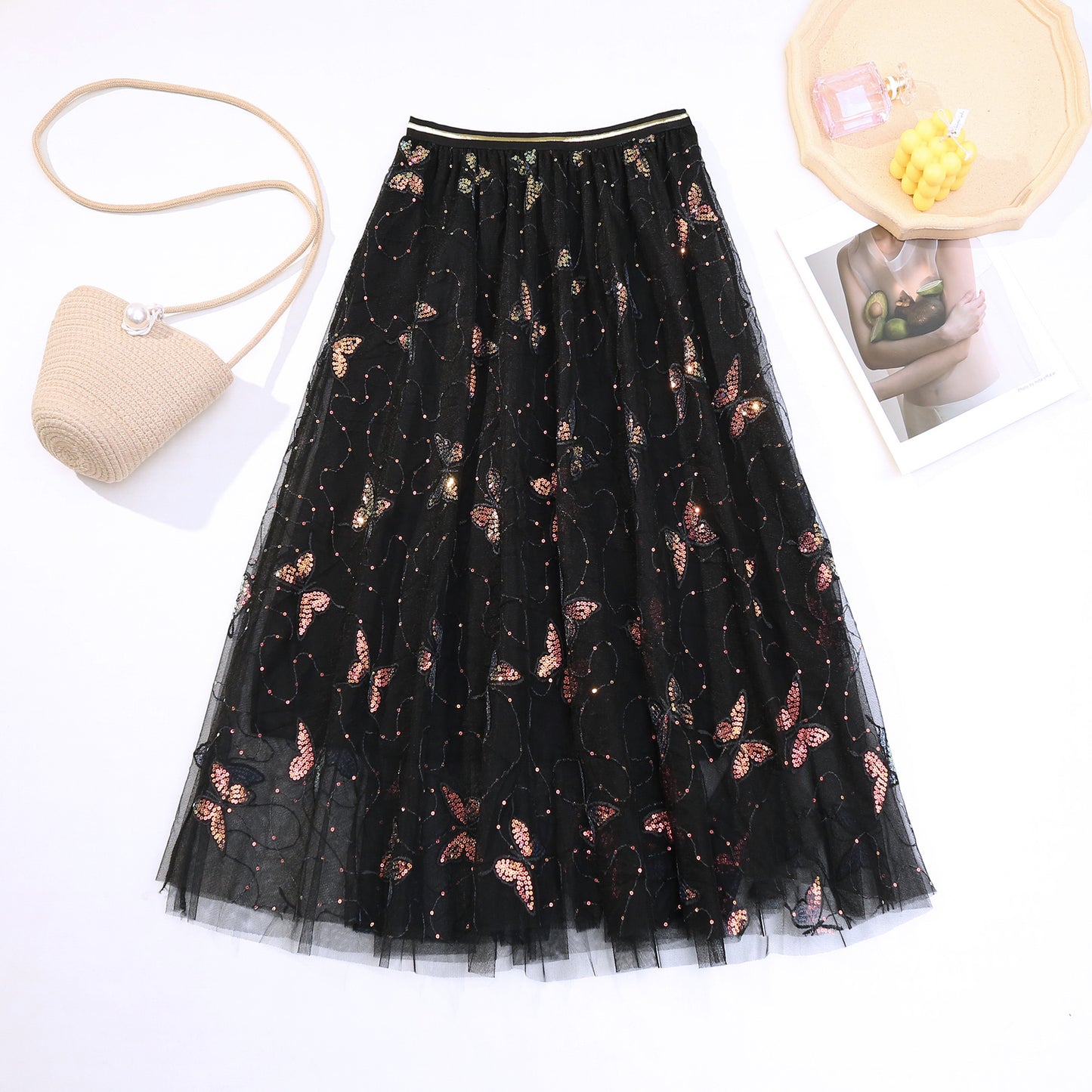 Sequin butterfly pleated skirt