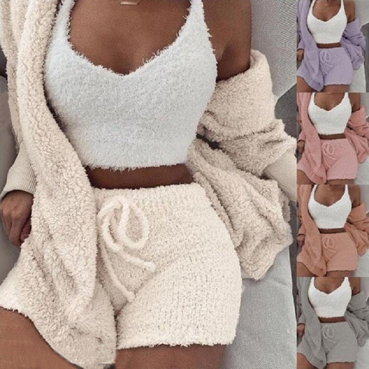 3pcs Crop Tank Top And Drawstring Shorts Pajama Set