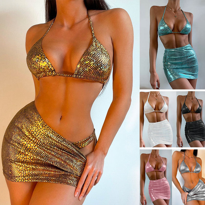 3 Piece Halter Snake Pattern Swimsuit