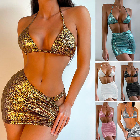 3 Piece Halter Snake Pattern Swimsuit