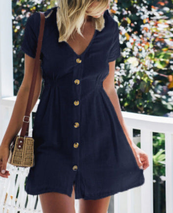 V-neck Slim Single Row Button Dress