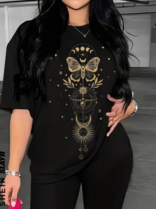 Women's Oversized Butterfly Print Loose Fit Drop Shoulder T-Shirt