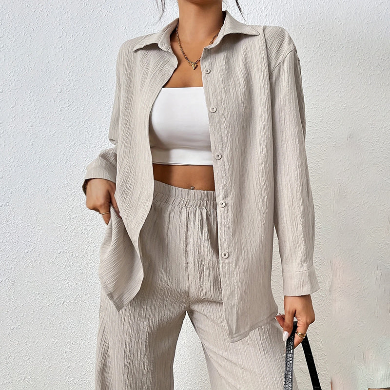 2 Piece Casual Long Sleeve Shirt And Wide Leg Pant Sets