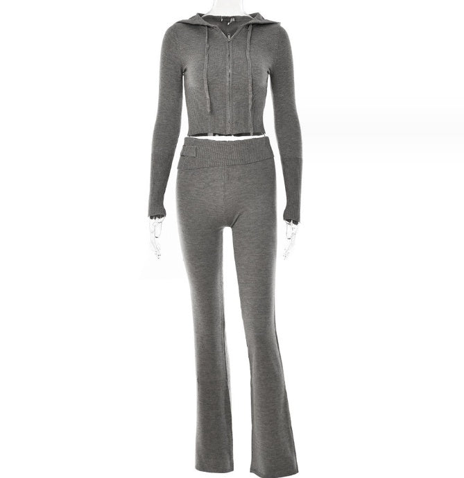 Hoodie Style Long Sleeve Sweater & High Waist Long Pants Set