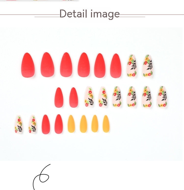 Matte Red Yellow Small Flower Nails