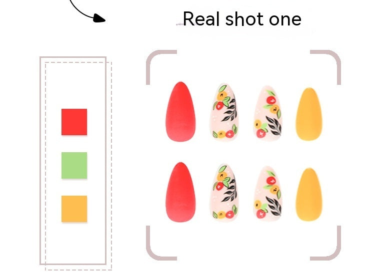 Matte Red Yellow Small Flower Nails