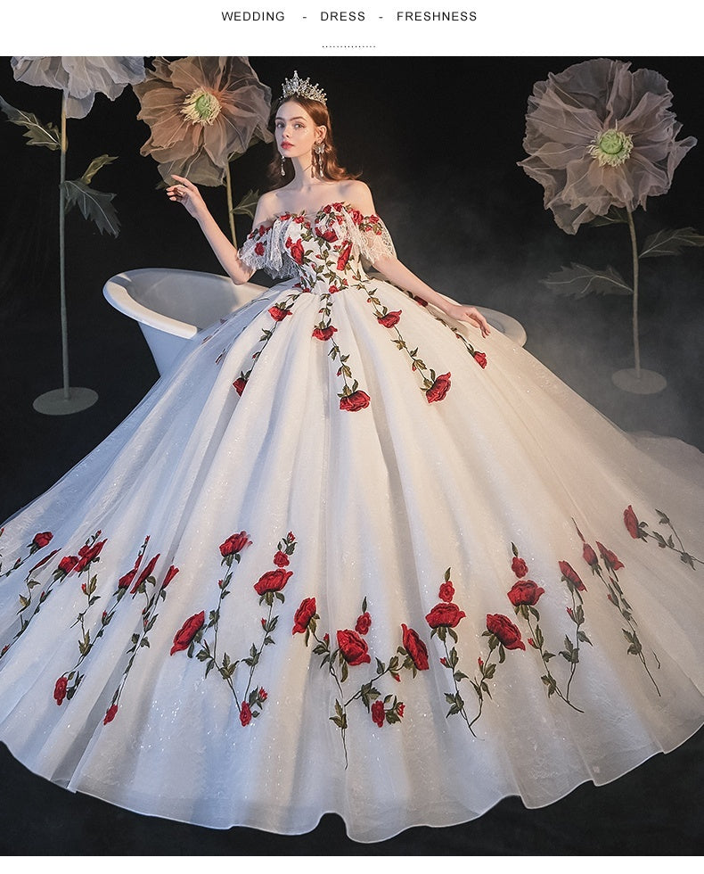 Mori Style Red Flowers Gown Wedding Dress
