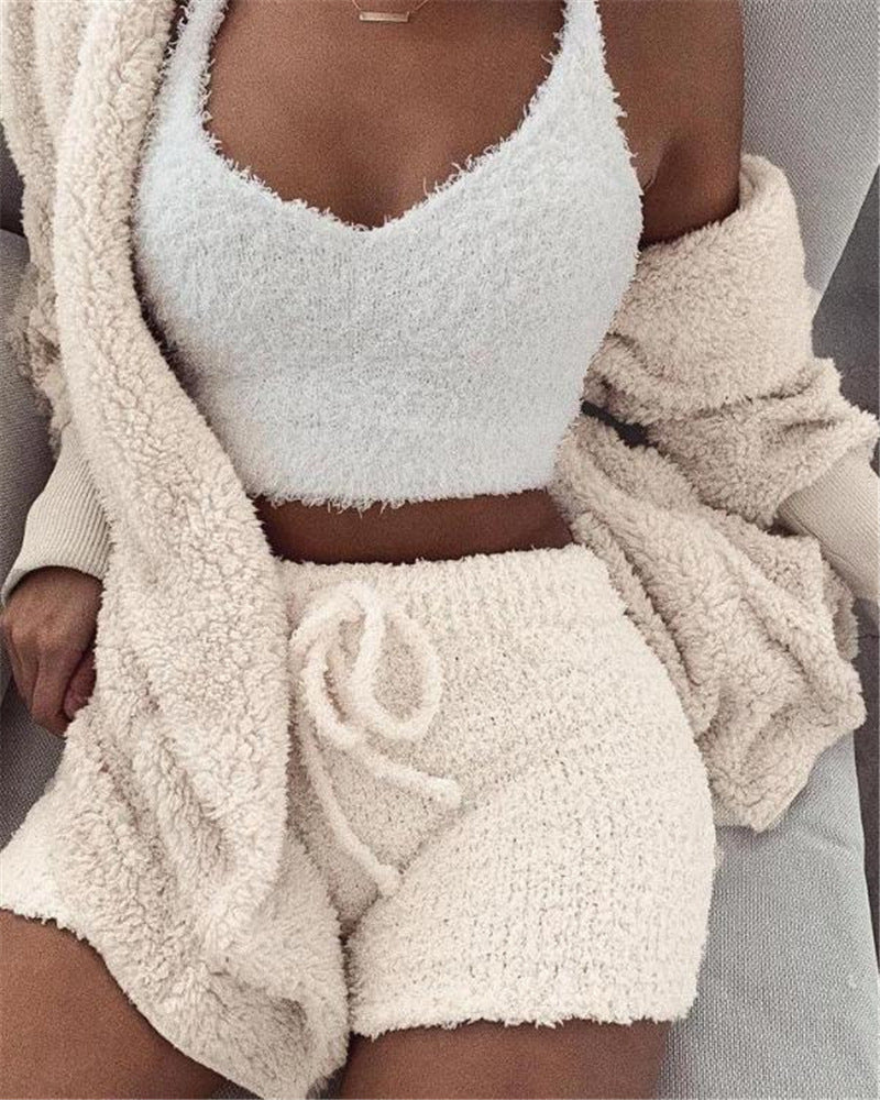3pcs Crop Tank Top And Drawstring Shorts Pajama Set
