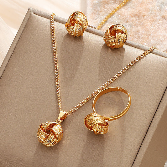 Twisted Bends And Hitches Creative Knotted Necklace Ear Stud Ring Jewelry Set
