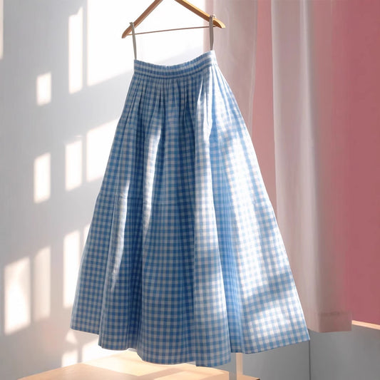French High Waisted A-line Plaid Linen Skirt
