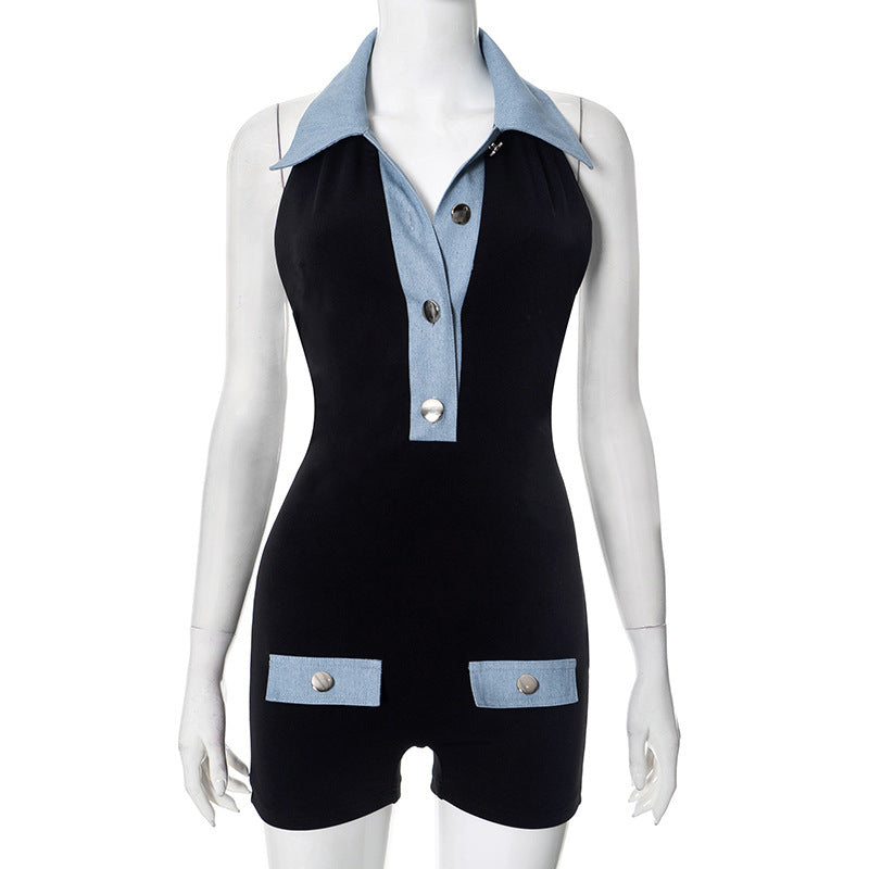 Polo Pop Contrast Slim-Fit Denim Romper