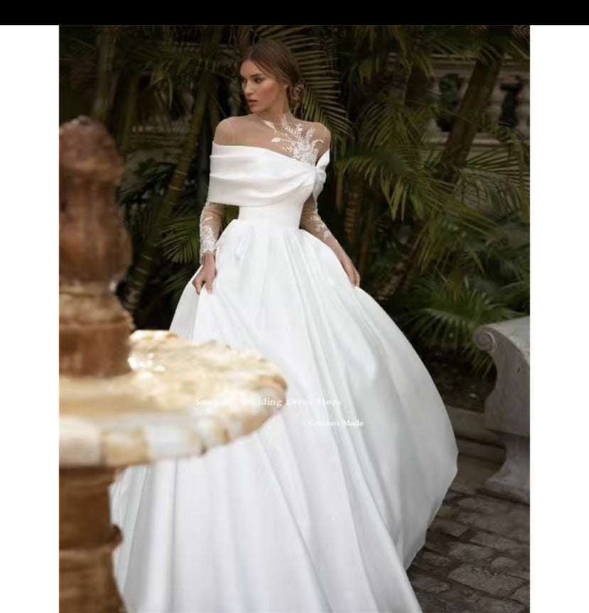 Raglan Long Sleeve Satin Wedding Dress