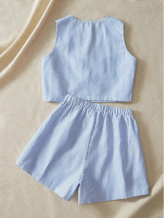 Striped Knit Tank Top And High-Waist Loose Shorts Set