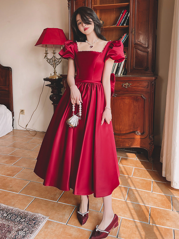 Wine Red Satin French Dress