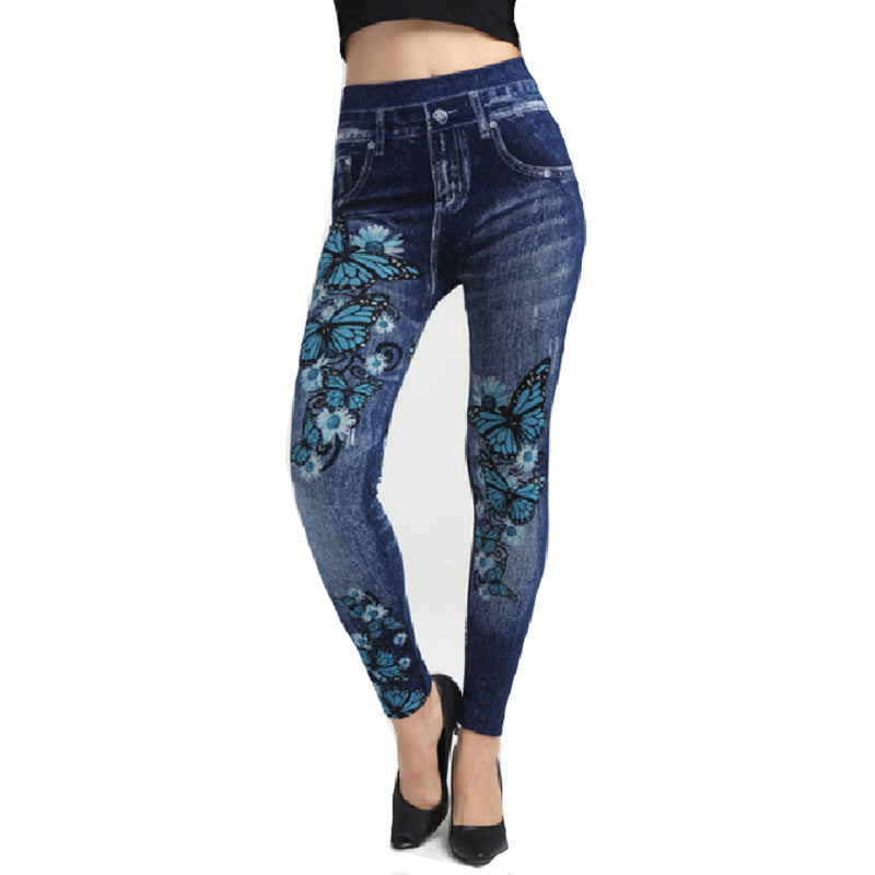 Butterfly Print Imitation Denim Leggings