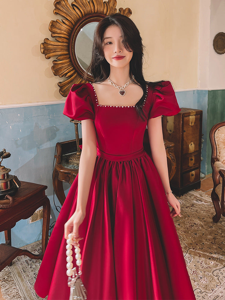 Wine Red Satin French Dress