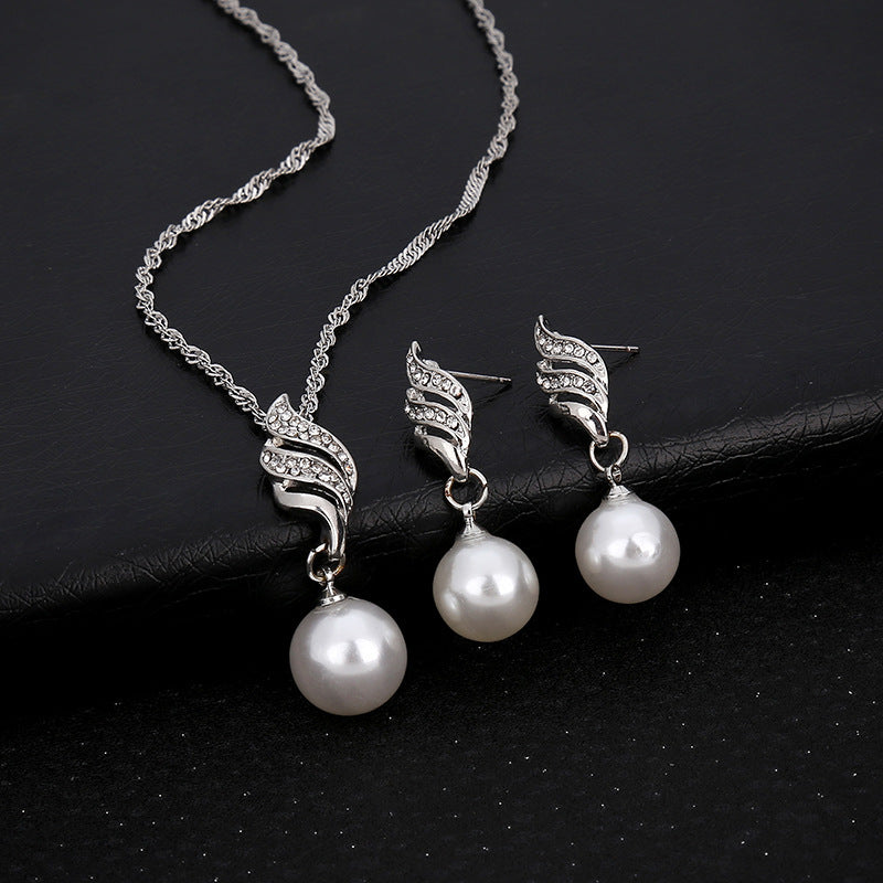 Pearl Diamond Necklace Set Earrings wavy lines