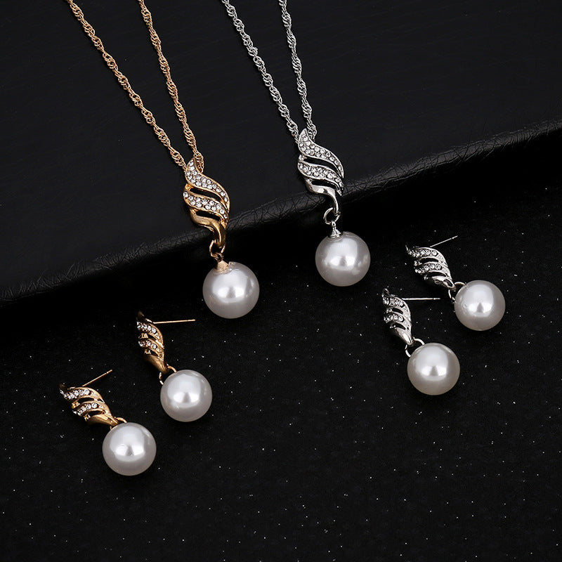 Pearl Diamond Necklace Set Earrings wavy lines