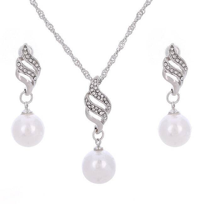 Pearl Diamond Necklace Set Earrings wavy lines