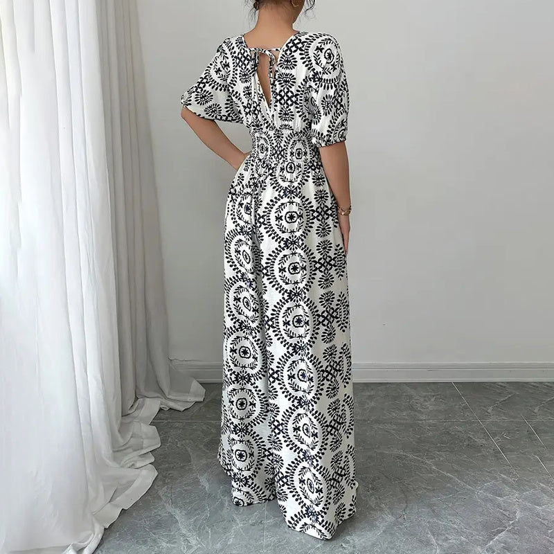 Short Sleeve V Neck Smocked Wide Leg Jumpsuit