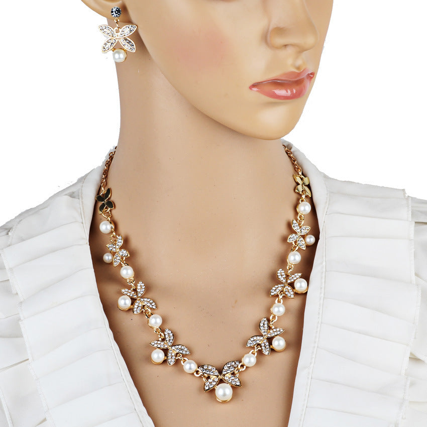 Pearl Butterfly Necklace & Earrings Jewelry Set – Elegant Wedding Accessories