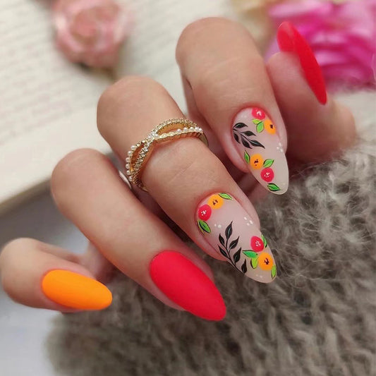 Matte Red Yellow Small Flower Nails