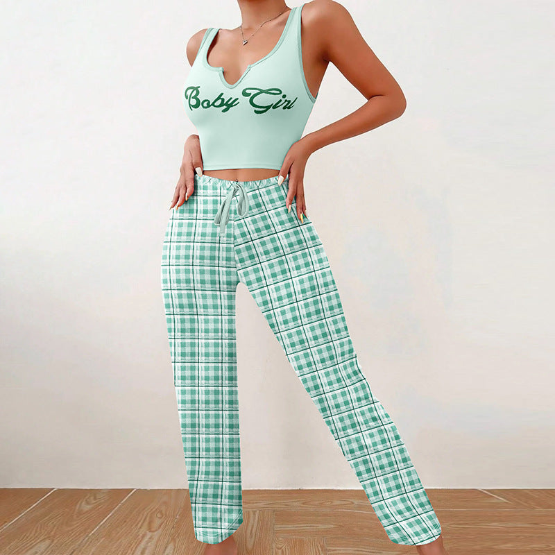 Plaid Trousers & Tee Pajama Set