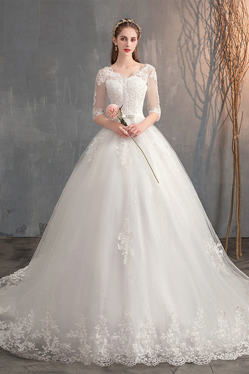 High Waist Deep V Neck Lace Wedding Dress