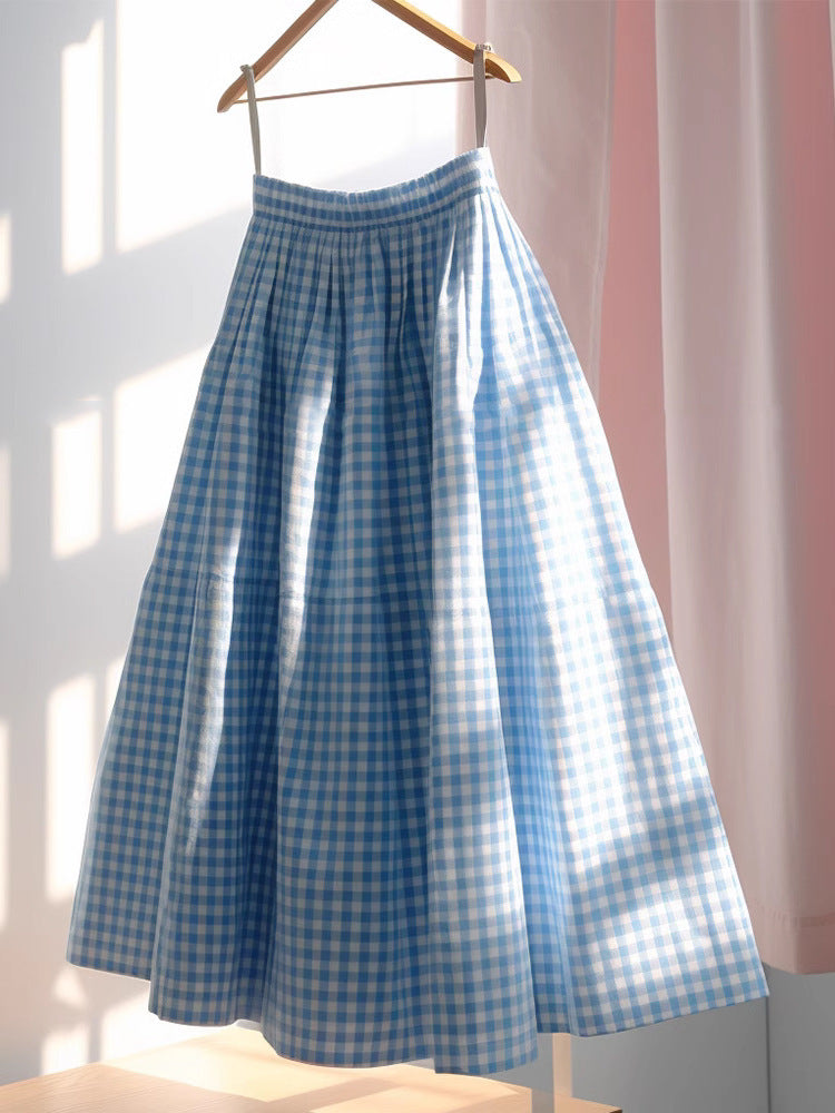 French High Waisted A-line Plaid Linen Skirt
