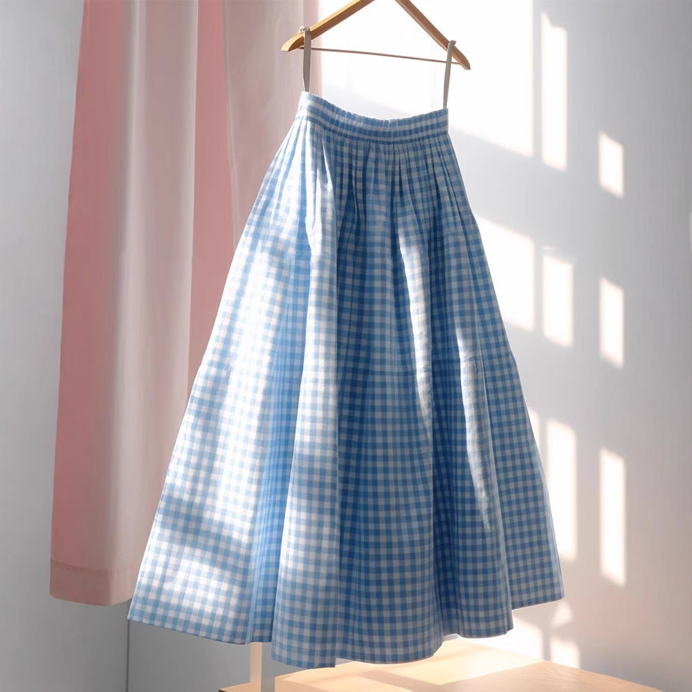 French High Waisted A-line Plaid Linen Skirt