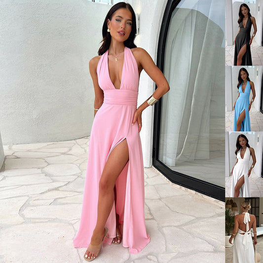 Sexy Backless V-Neck Slit Dress