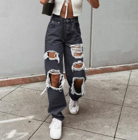 Retro High Waist Ripped Wide-Leg Jeans