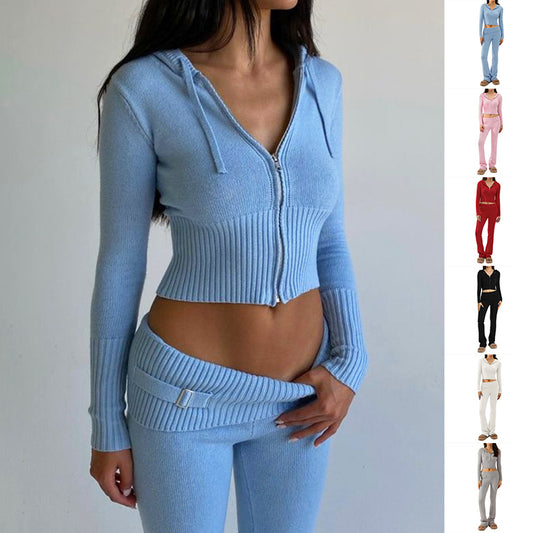 Hoodie Style Long Sleeve Sweater & High Waist Long Pants Set