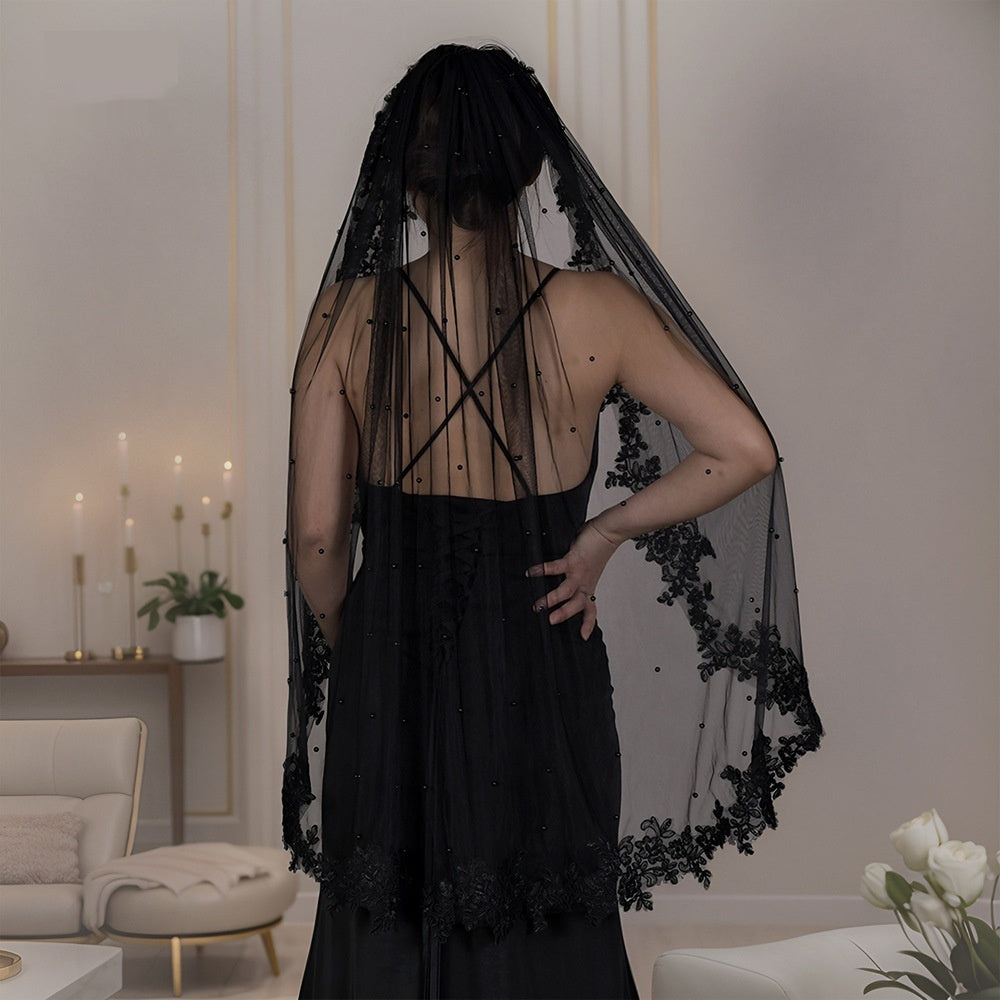 Black Lace Pearl Bridal Veil