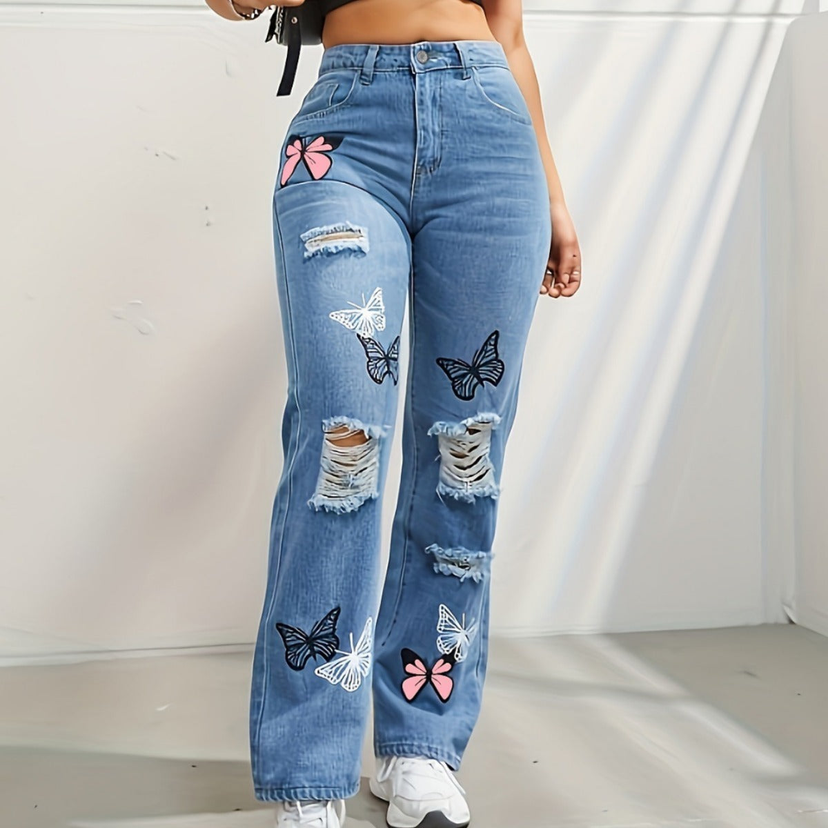 High-Waisted Butterfly Print Ripped Jeans