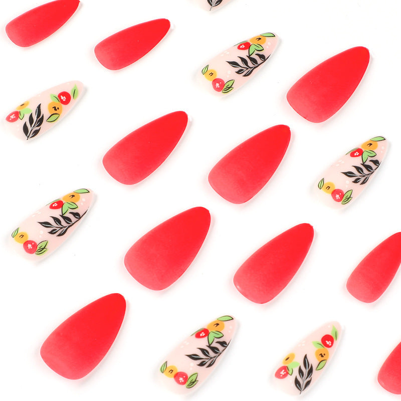 Matte Red Yellow Small Flower Nails