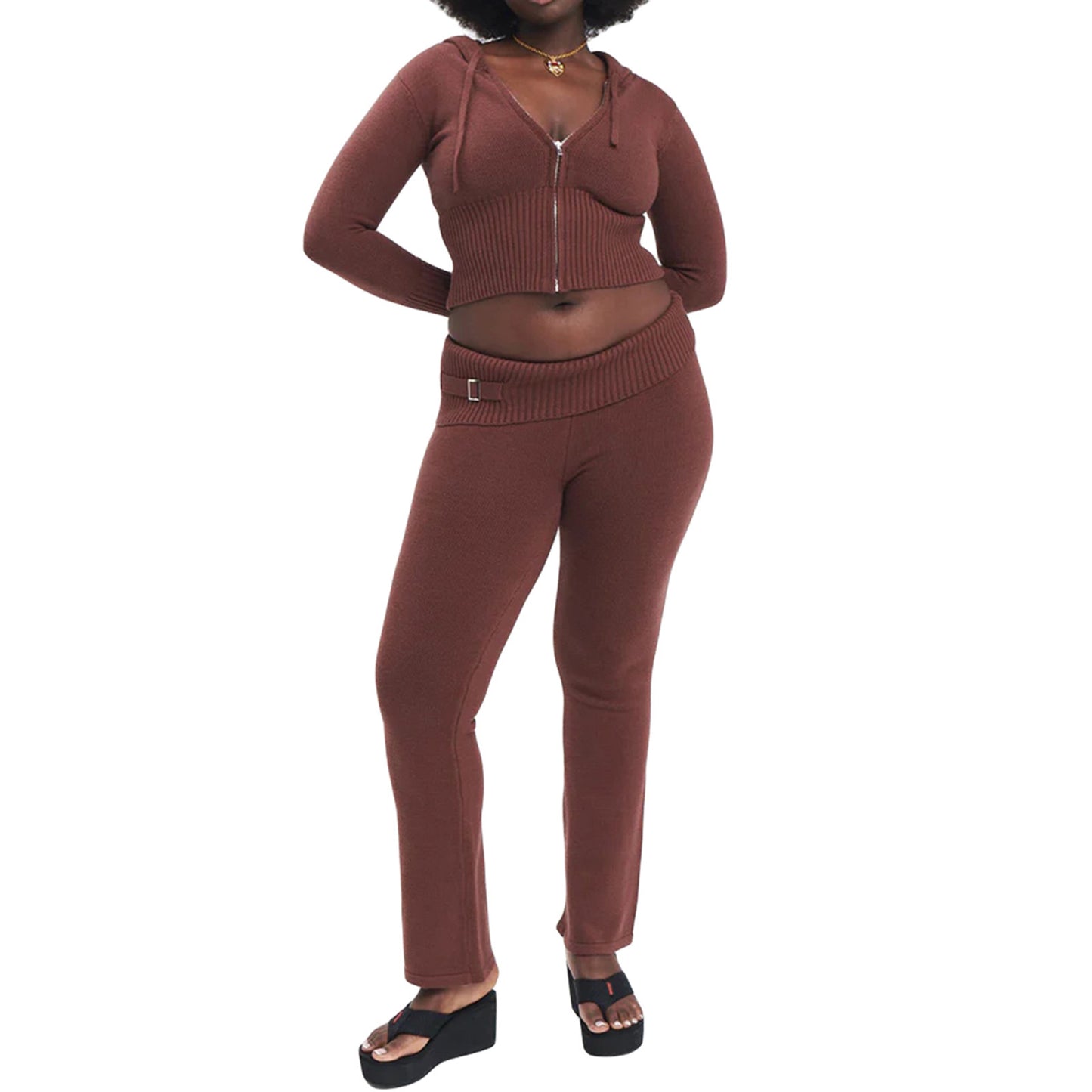 Hoodie Style Long Sleeve Sweater & High Waist Long Pants Set