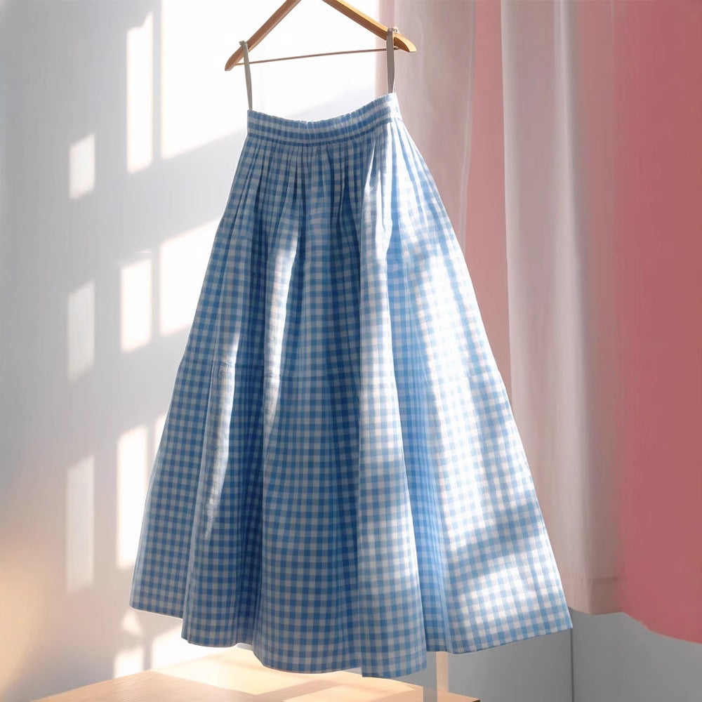 French High Waisted A-line Plaid Linen Skirt