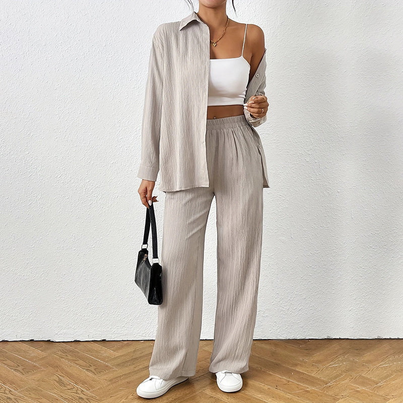 2 Piece Casual Long Sleeve Shirt And Wide Leg Pant Sets