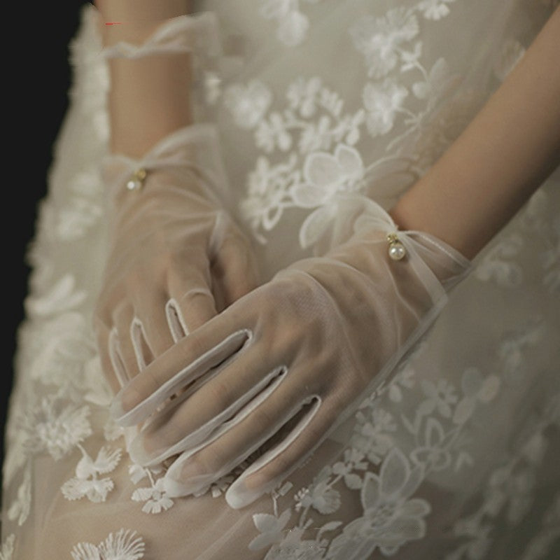 Pearl Lace Bow Wedding Gloves