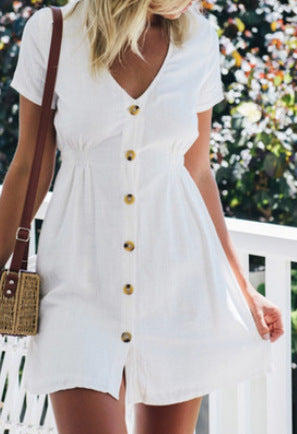 V-neck Slim Single Row Button Dress