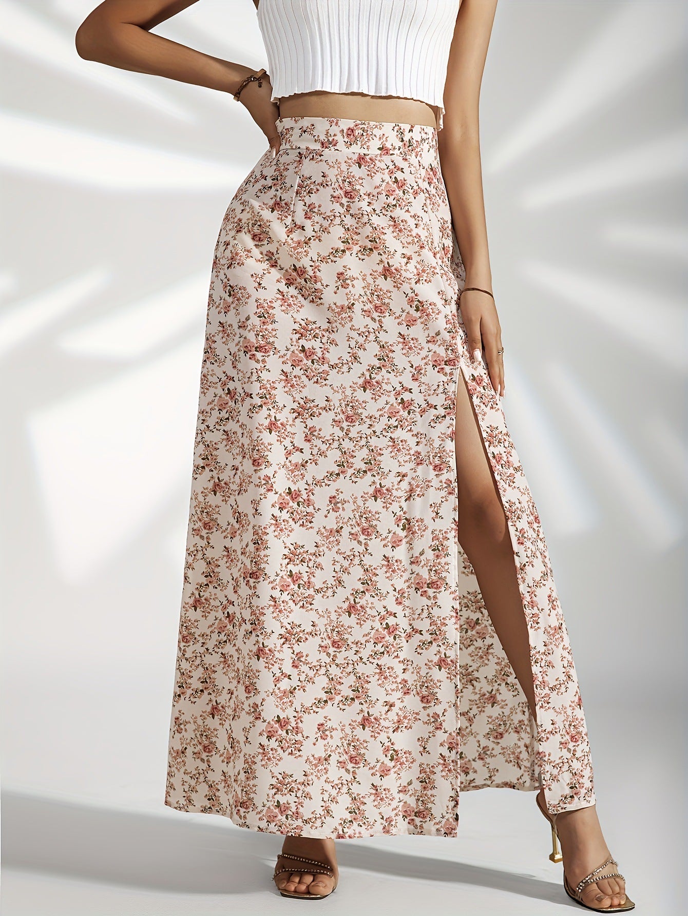 High Waist Slit Floral Skirt