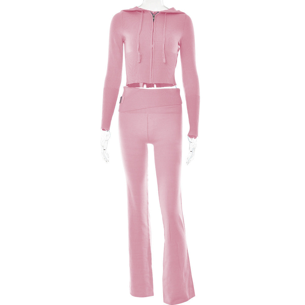 Hoodie Style Long Sleeve Sweater & High Waist Long Pants Set