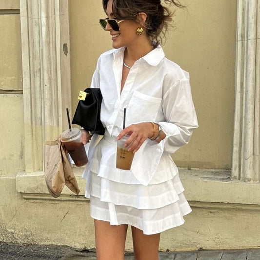 White Lapel High Waist Tiered Dress Suit