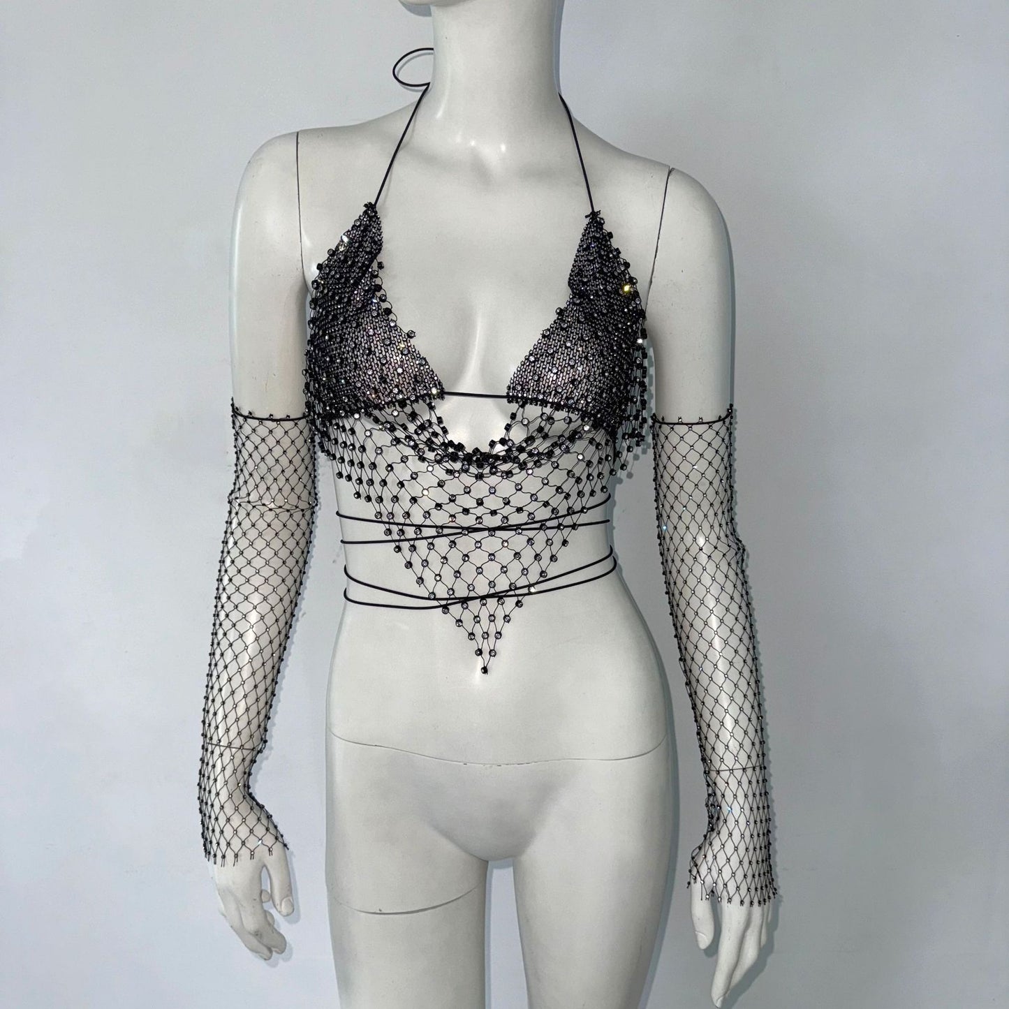 Sparkle Mesh Two-Piece Set - Rhinestone Fishnet Sling Top