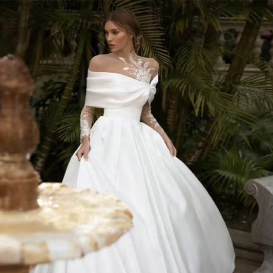 Raglan Long Sleeve Satin Wedding Dress