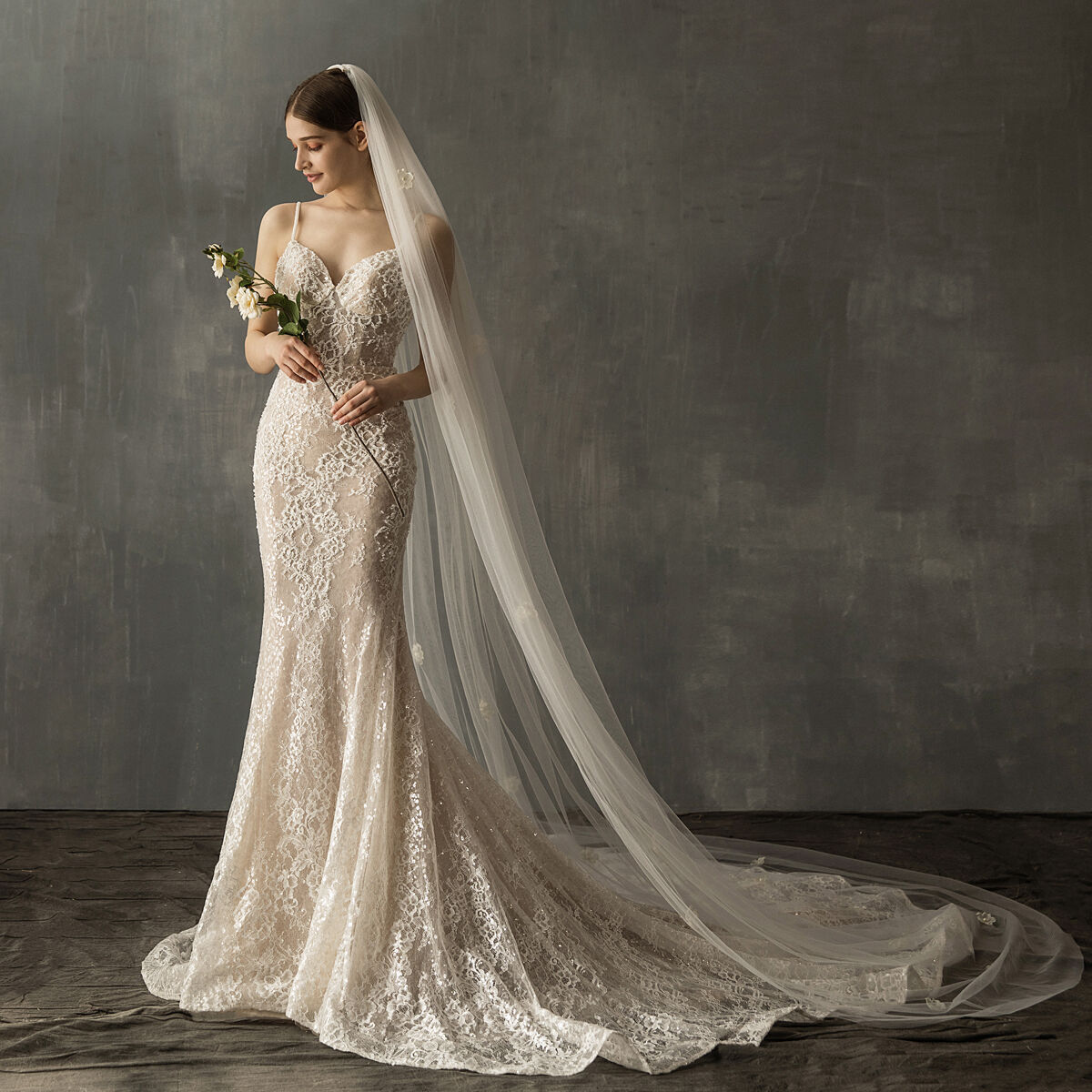 Pearl Tulle Long Tail Wedding Veil